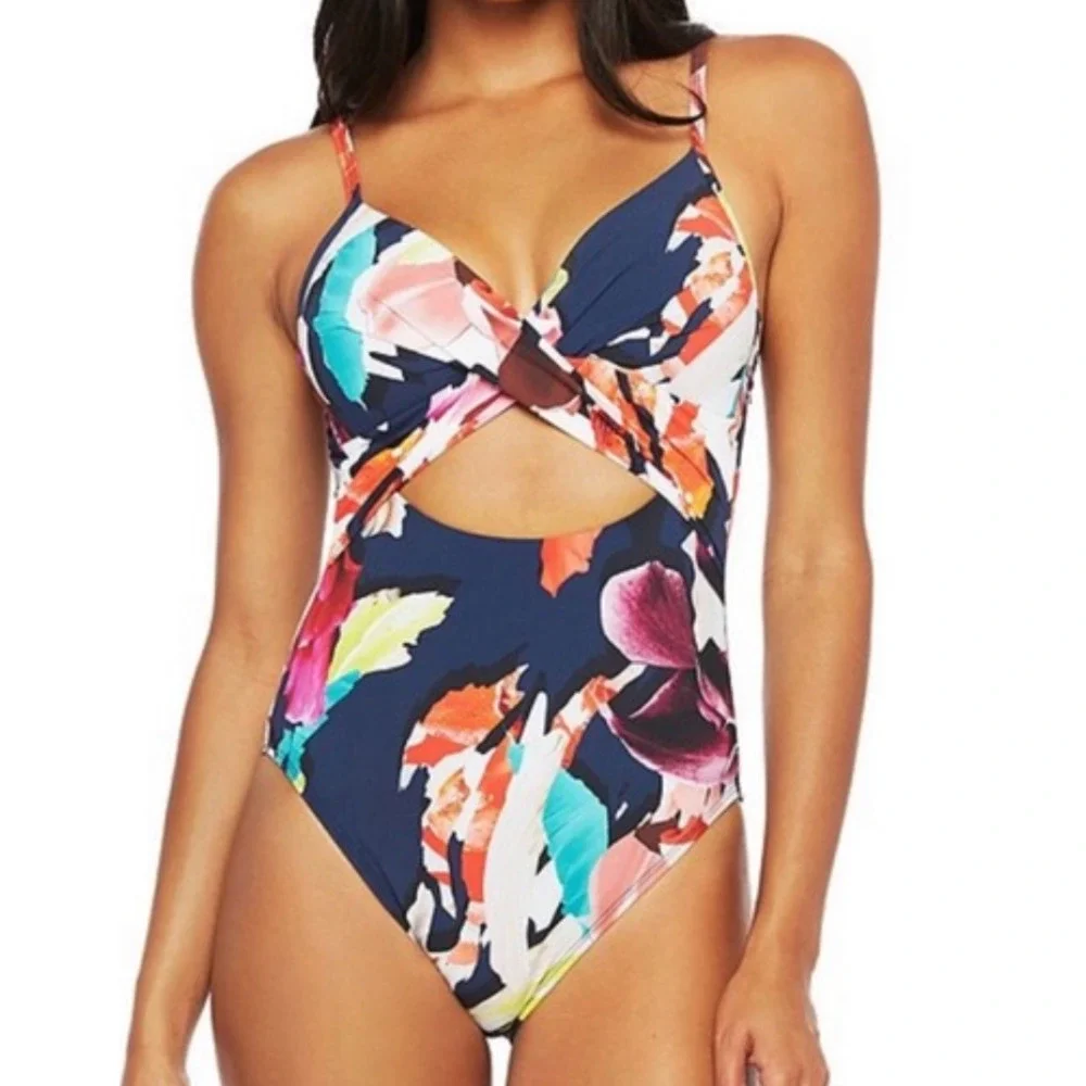 NEW KENNETH COLE NEW YORK DARK ROMANCE TWIST KEYHOLE ONE PIECE SWIMSUIT SZ M